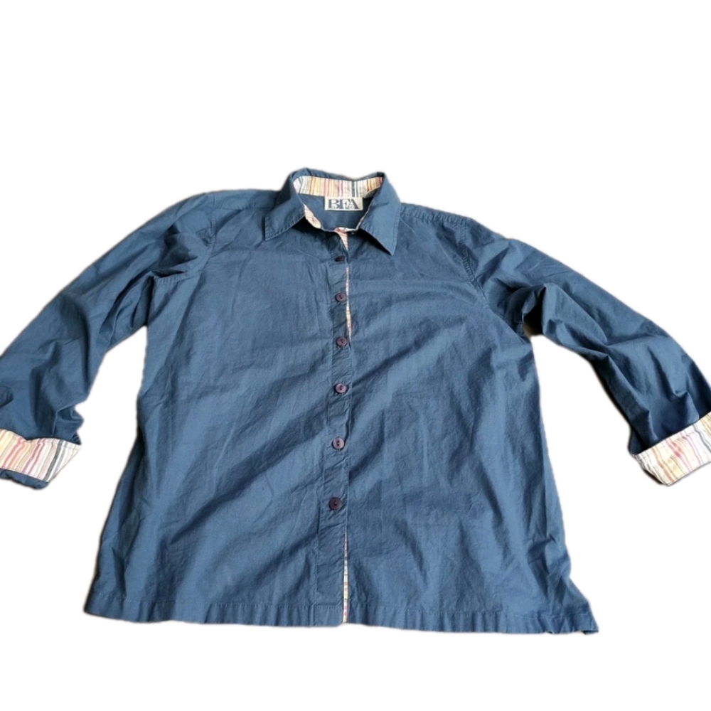 BFA Classics Women's Blue Button Down Shirt With Multicolor Striped Lining